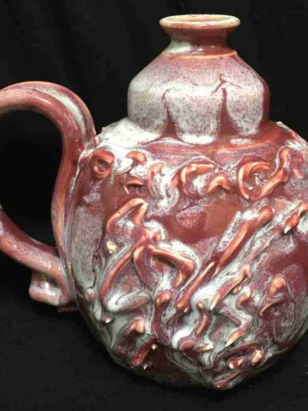 Handcrafted Red and Cream Ceramic Pitcher - Unbranded